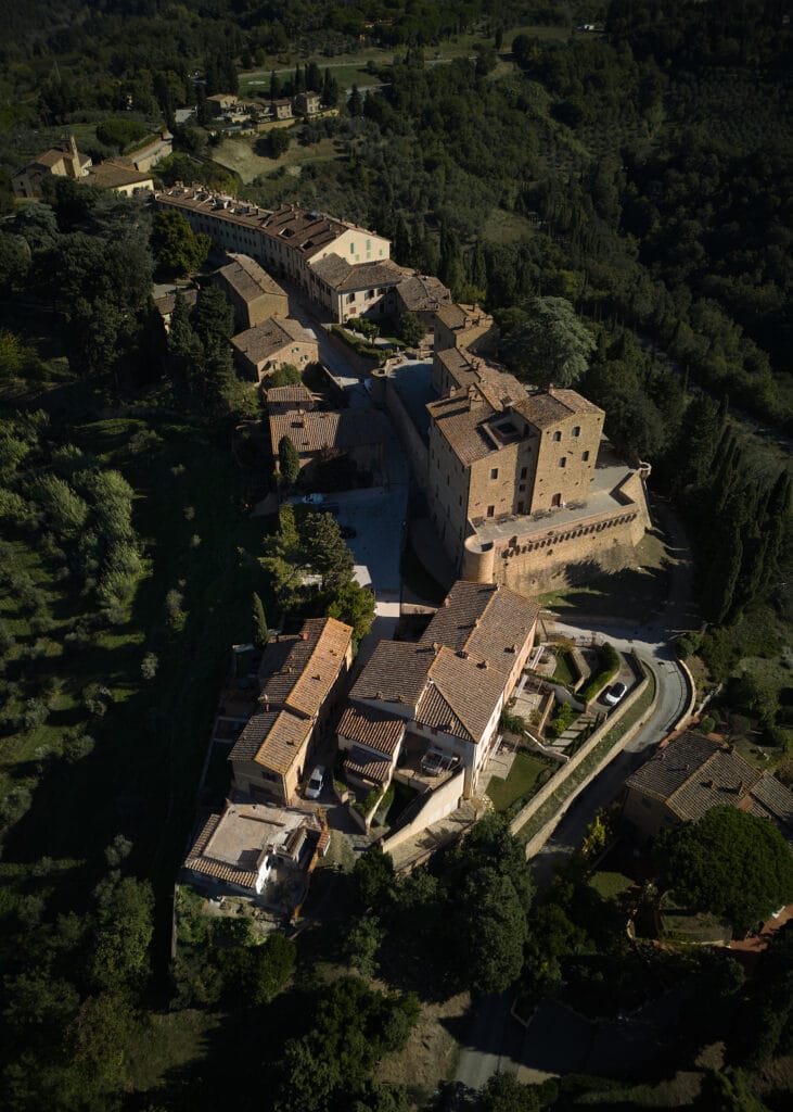 Aerial view of Castelfalfi resort and surrounding hills